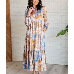 Polagram Floral Long Sleeve Dress in Blue and Brown